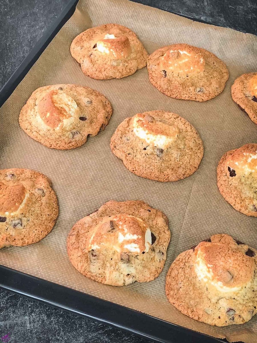 Chocolate Chip Marshmallow Cookies with the white cookie batter on top.