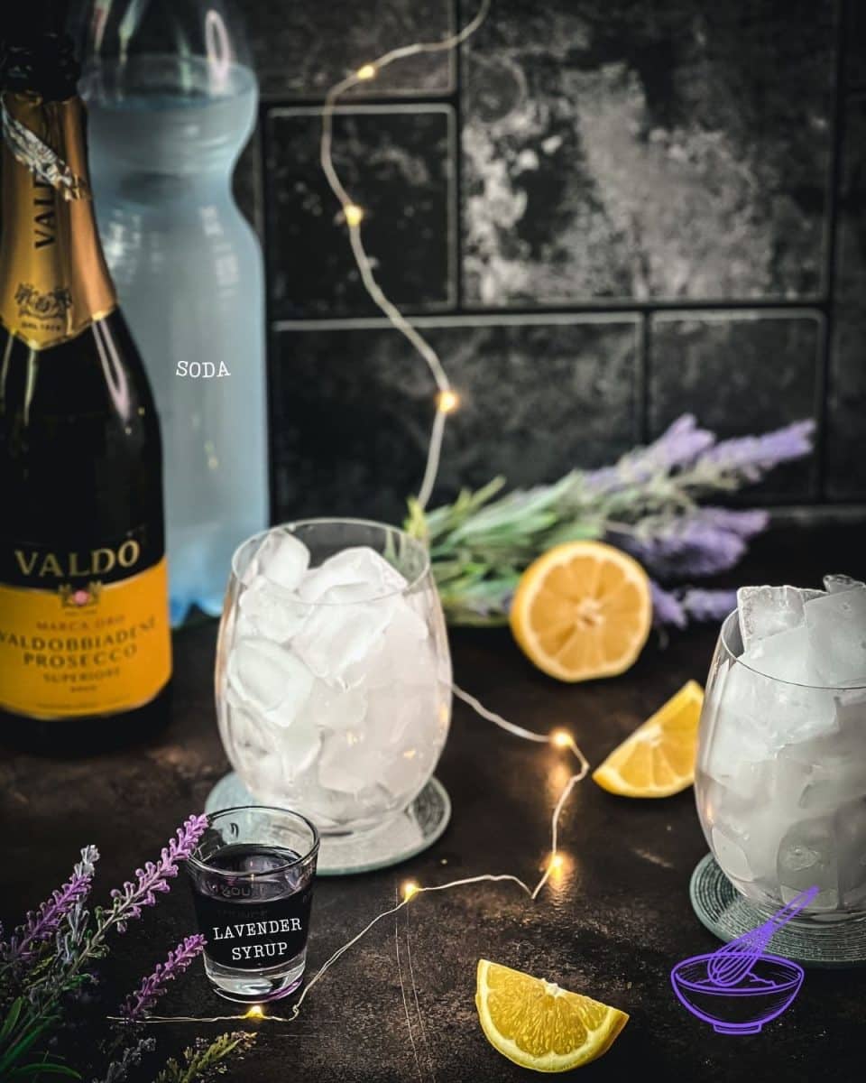 Ingredients for a soothing lavender spritz with prosecco.