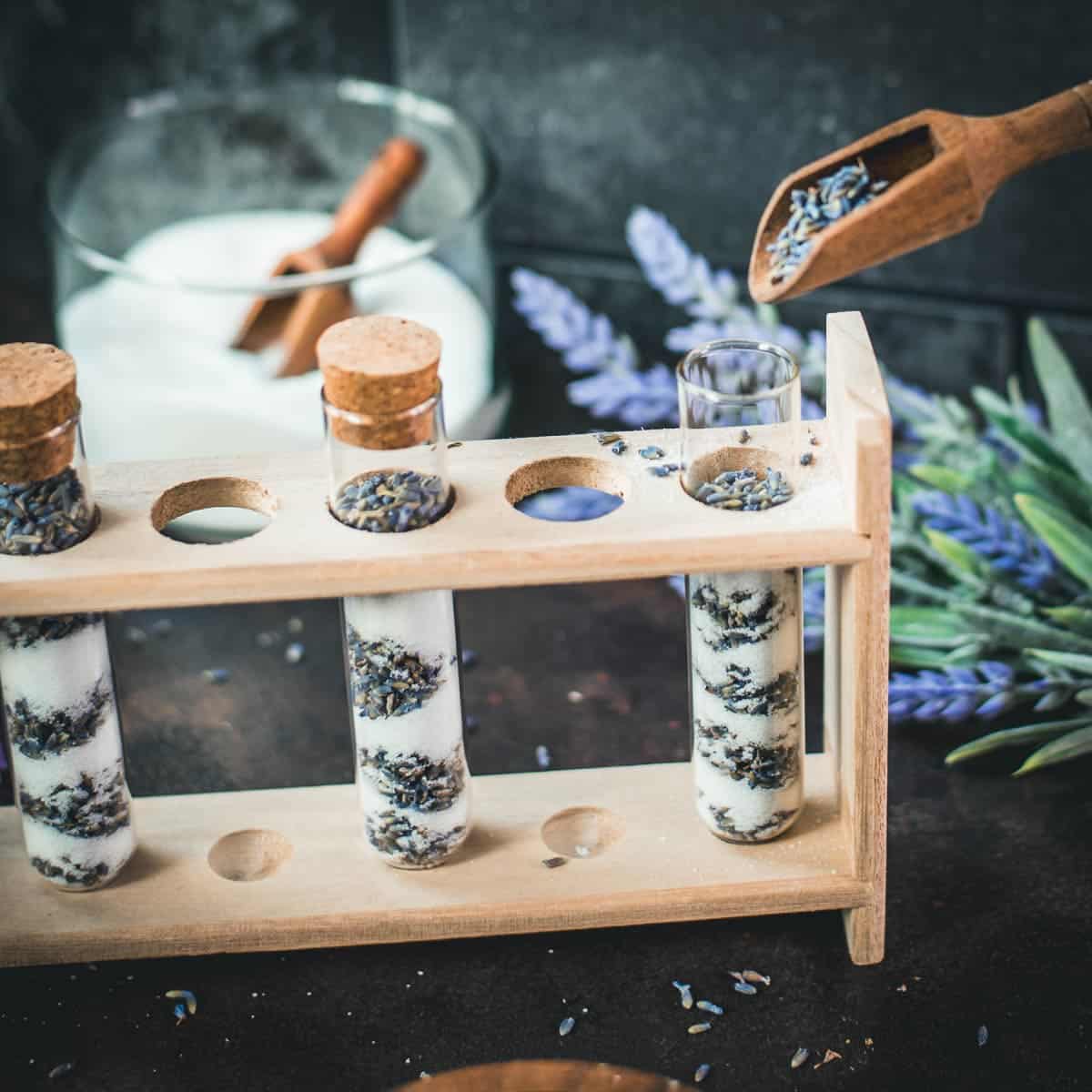 Phiolen gefüllt mit Schichten aus getrocknetem Lavendel und Kristallzucker. Das perfekte Geschenk für backbegeisterte Freunde und Verwandte.