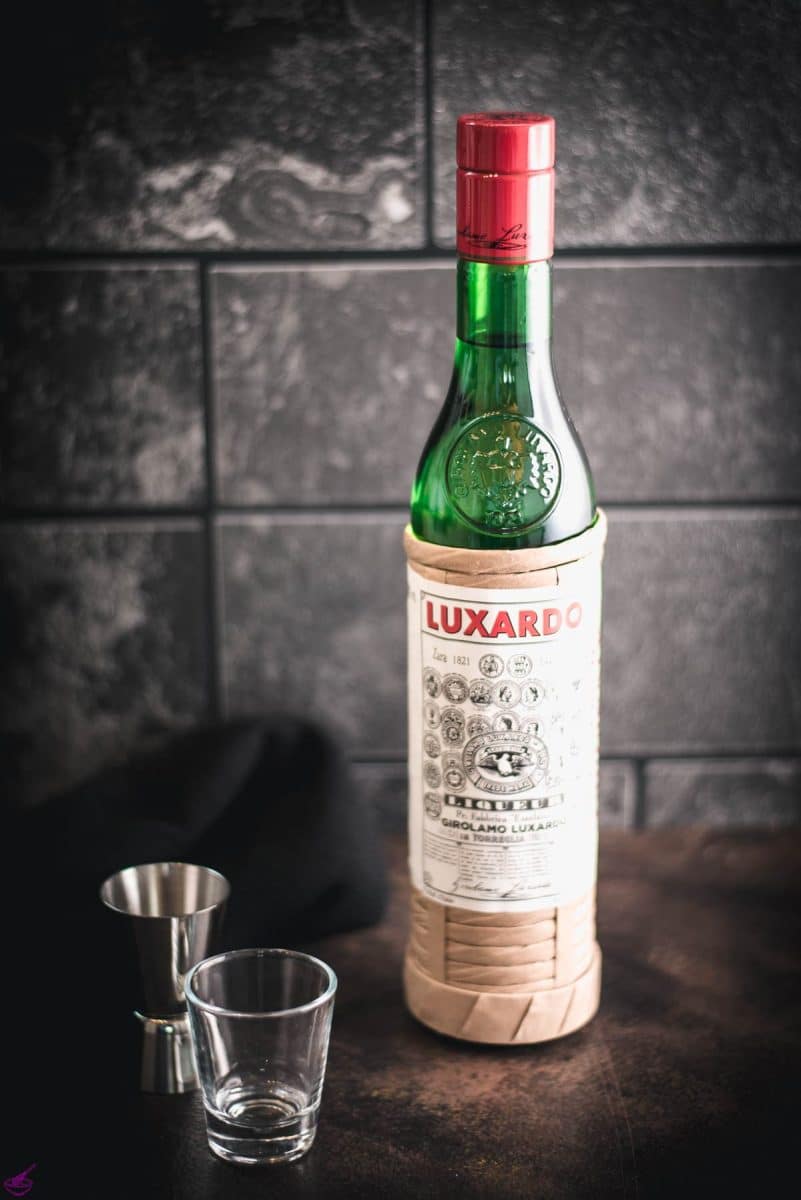 Gorgeous bottle filled with Luxardo maraschino liqueur.