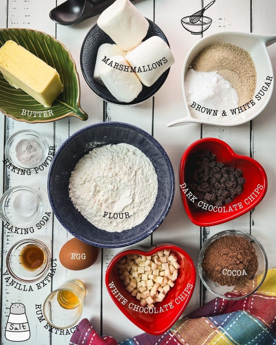 Ingredients for making ugly chocolate chip marshmallow cookies.