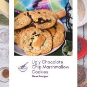 Ugly but delicious chocolate chip marshmallow cookies, placed on pink plate.