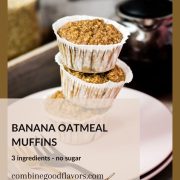 A magnificent tower of banana oatmeal muffins on a wooden tray. Behind it, delicious red tea.
