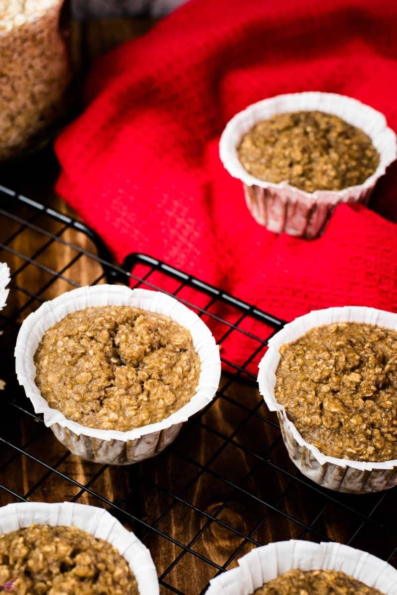 Delicious banana oatmeal muffins on cooling rack.