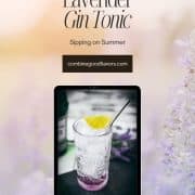 Highball glass filled with lavender gin and tonic, garnished with lime wedge and straw. Placed on black slate plate.