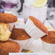 Delicious lavender lemon muffins, placed on glass tray.