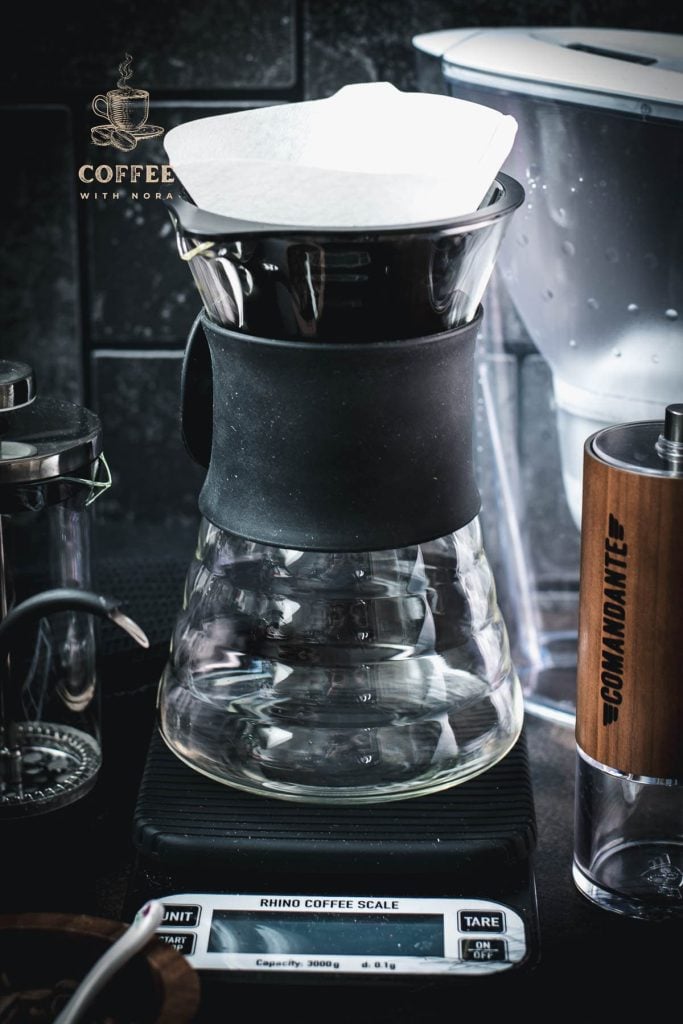 Gorgous V60 decanter, placed on coffee scale.