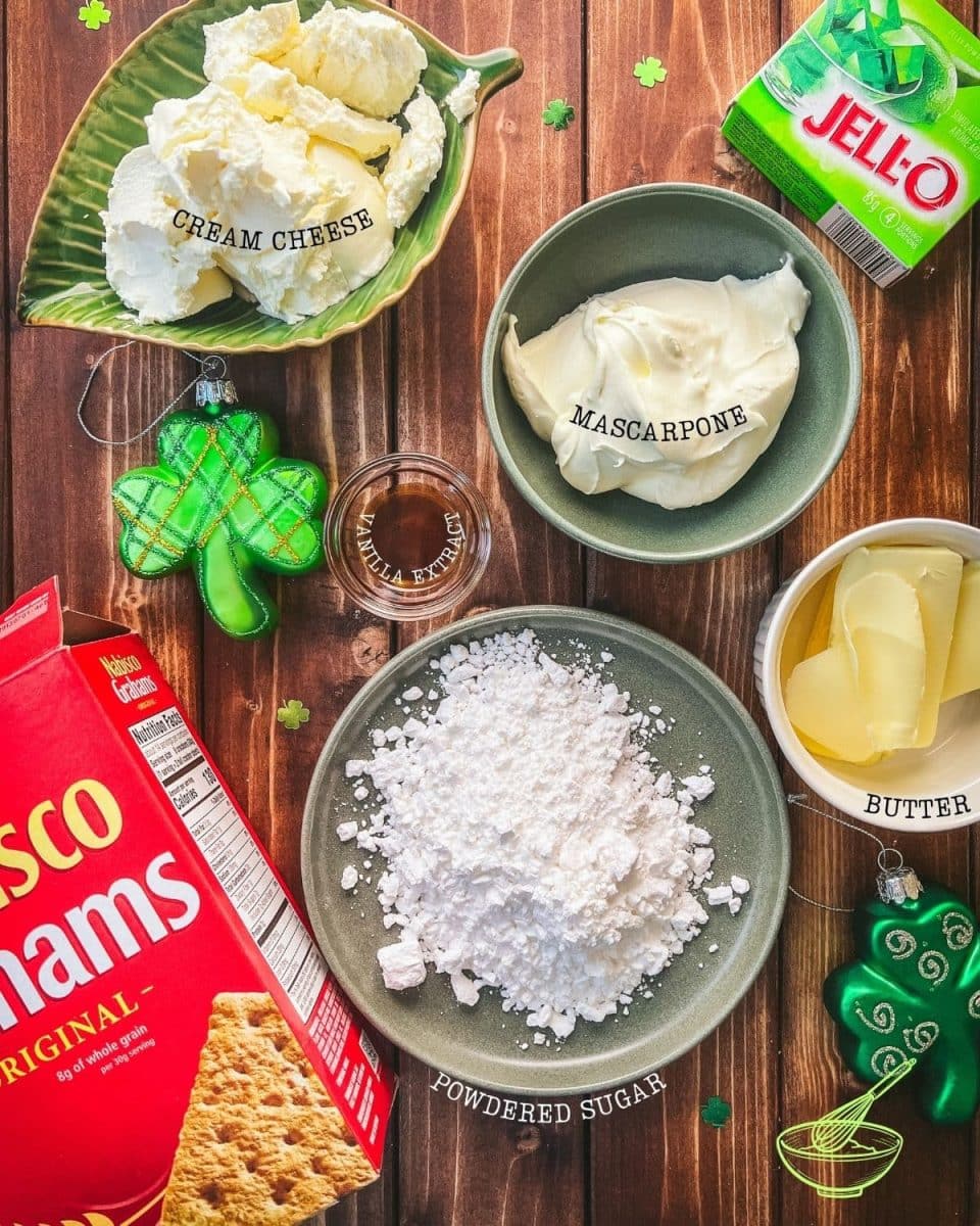 Seven simple ingredients are required for making delicious no-bake lime cheesecakes: Sugar, vanilla extract, butter, mascarpone, cream cheese, graham cracker, lime Jell-o.