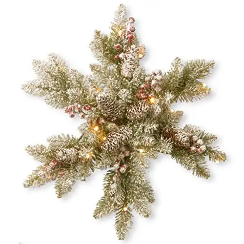 National Tree Company Pre-Lit Artificial Christmas Star Wreath, Green, Dunhill Fir, White Lights, Decorated with Pine Cones, Frosted Branches, Christmas Collection, 18 Inches