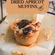 Delicious dried apricot breakfast muffins, with homemade caramel topping, sprinkled with melted chocolate after baking.