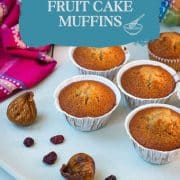 Delicious, and very easy to make, fruit cake muffins, filled with dried figs and dried cranberries. Placed on white plate.