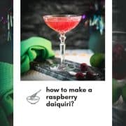 Gorgeous raspberry daiquiri with a vibrant red color placed on marble plate next to three raspberries.