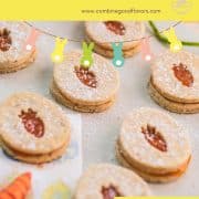 Gorgeous vegan Easter cut out cookies with apricot jam, placed on a white stone plate