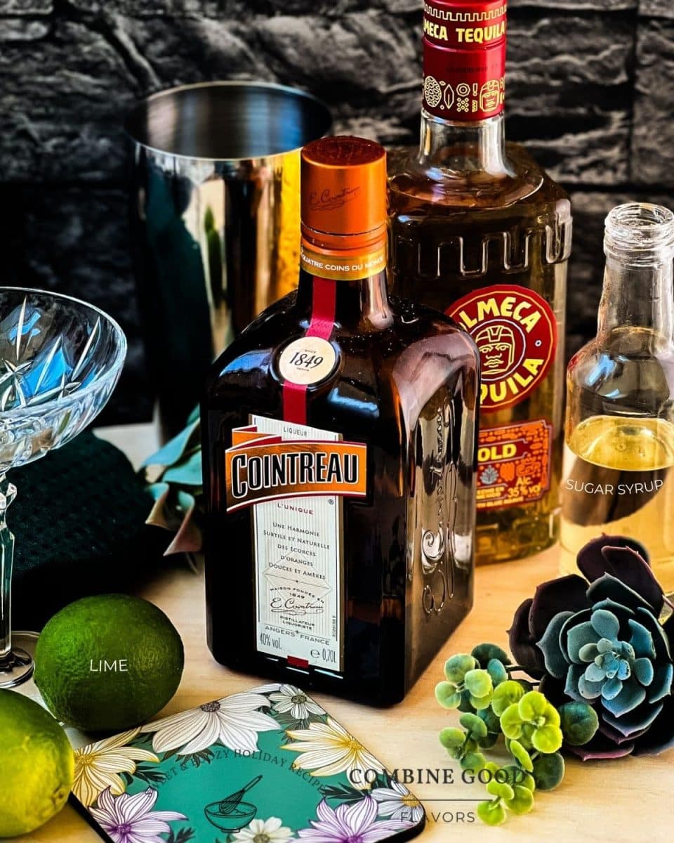 Ingredients for a classic margarita - lime juice, sugar syrup, cointreau and tequila.