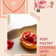 Beautiful puff pastry hearts with strawberry jam, trapped on an elegant, old serving platter. Decorated with glass hearts.