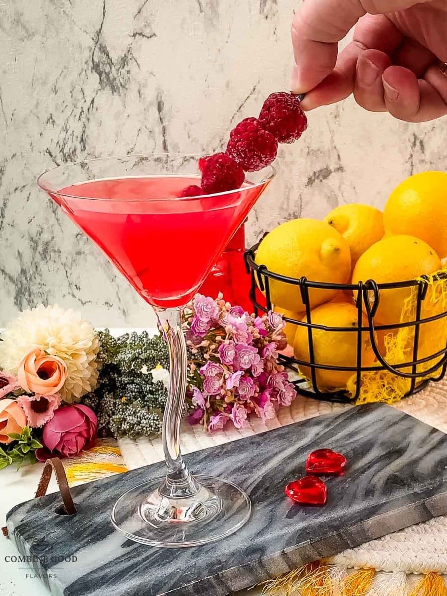 Carefully add the raspberry spike into the raspberry lemon drop martini.