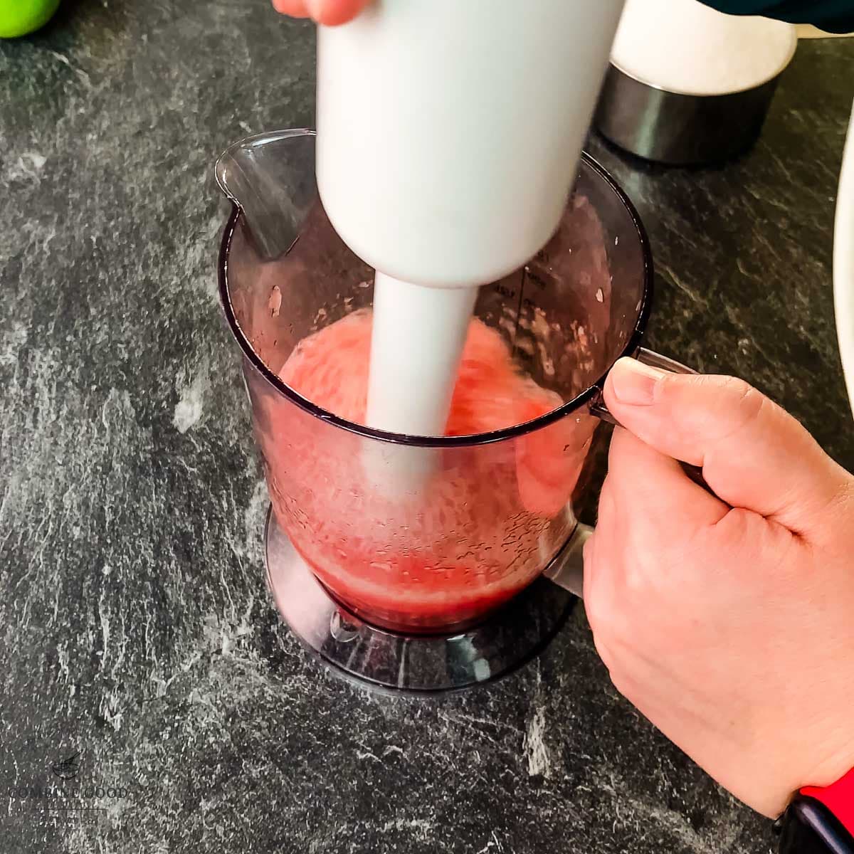 Blend the watermelon pieces using an immersion blender.