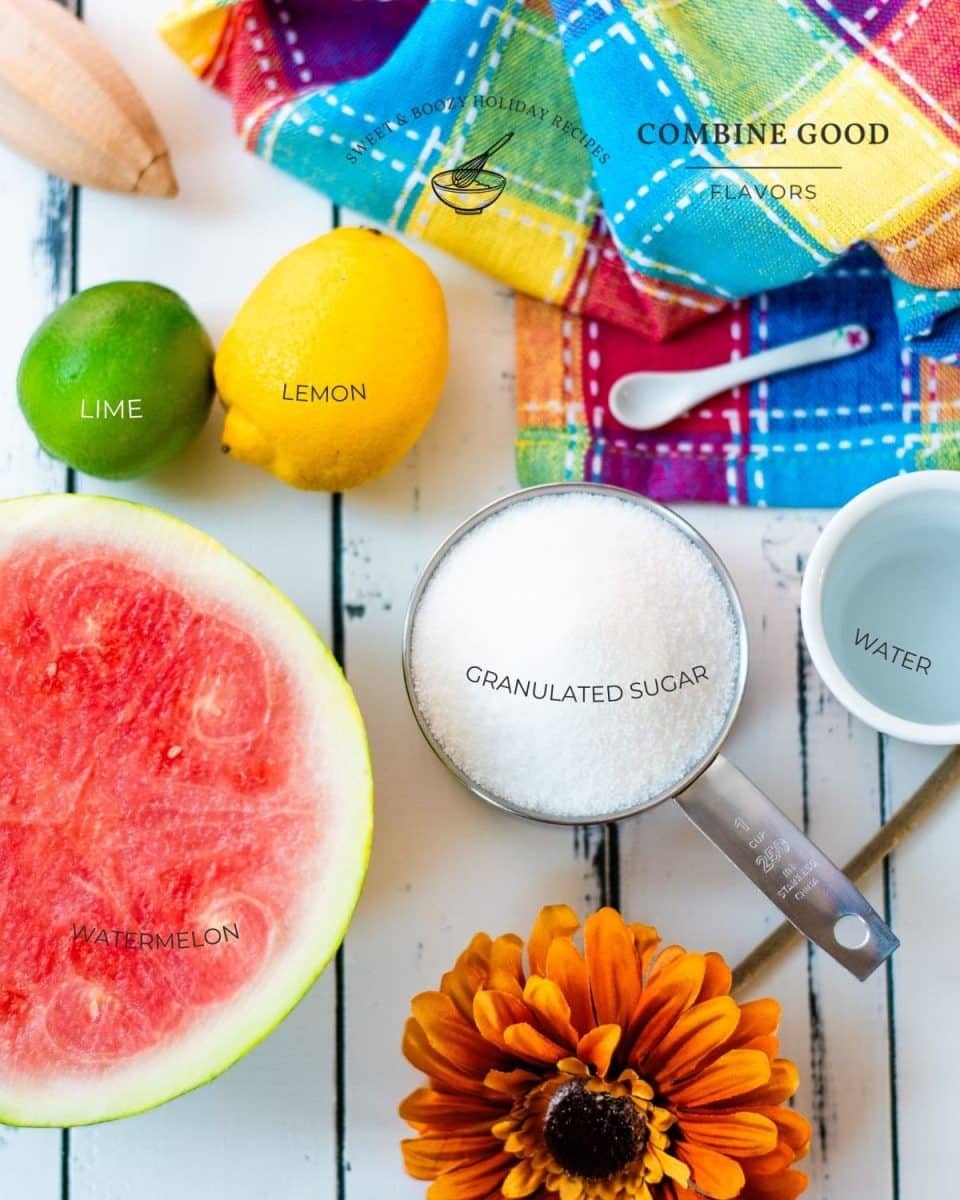 Ingredients for making delicious watermelon syrup - granulated sugar, watermelon, water, lemon and lime.