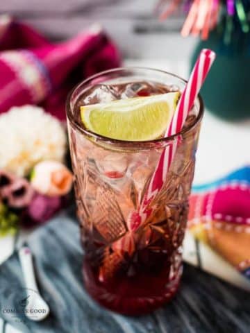 Gorgeous high ball glass filled with raspberry gin tonic, using sloe gin. Garnished with a lime wedge and a drinking straw.