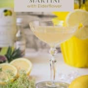 Gorgeous Limoncello Martini cocktail with elderflower syrup. Garnished with a lemon slice and placed on a mirrored coaster.