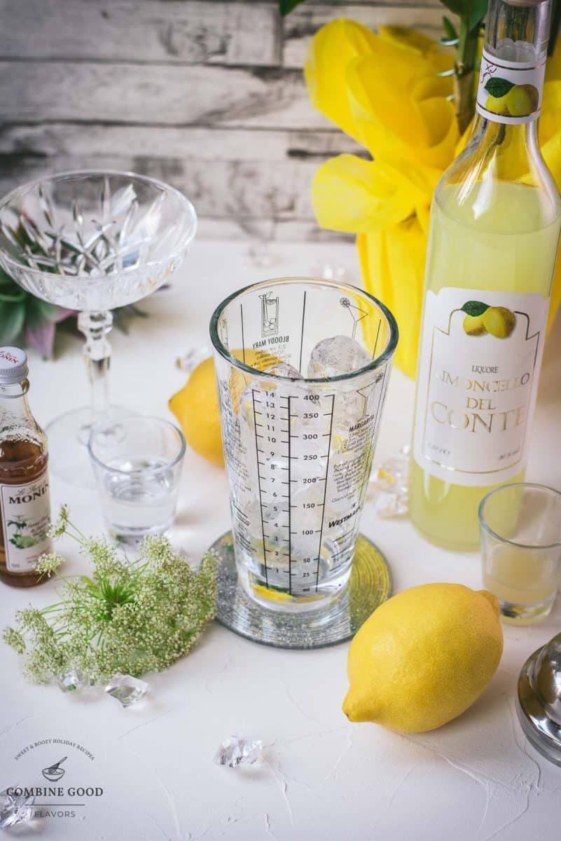 Ingredients for a Limoncello Martini with elderflower syrup - vodka, limoncello, elderflower syrup, lemon juice, cubed ice.