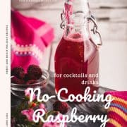 Preserving bottle, filled with delicious uncooked raspberry syrup placed on a marbled plate.