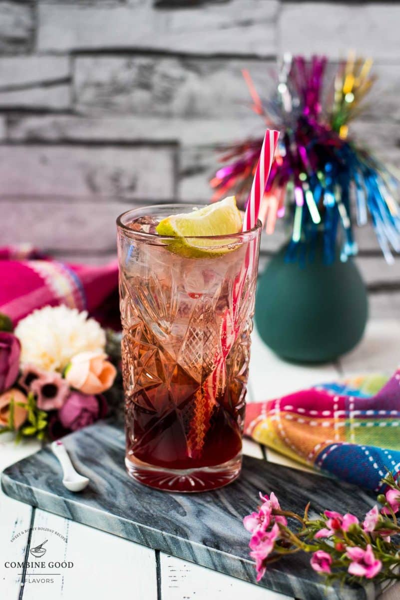 Gorgeous high ball glass filled with raspberry gin tonic, using sloe gin. Garnished with a lime wedge and a drinking straw.