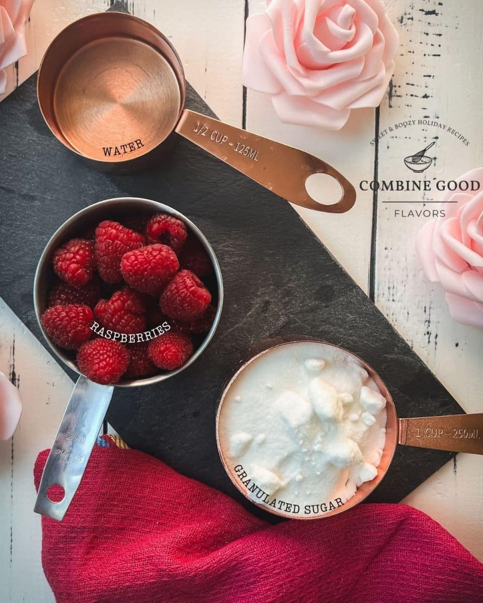 Ingredients for making raspberry syrup - fresh raspberries, sugar, and water.