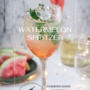 Gorgeous wine glass filled with watermelon spritzer, garnished with waterlemon slice and mint leaves.