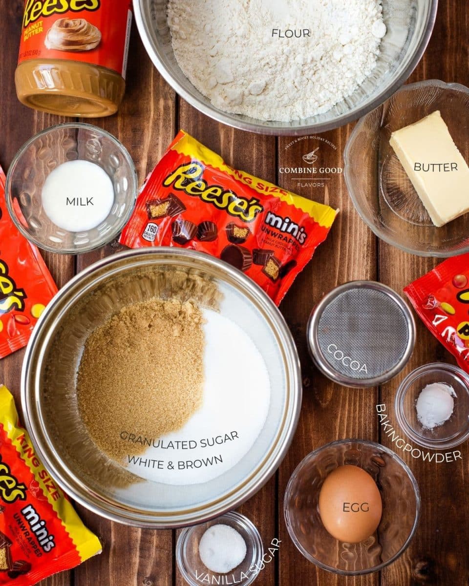 Reese's peanut butter cookies ingredients - egg, vanilla sugar, baking powder, cocoa, butter, white and brown sugar, milk, flour, Reese's peanut butter, pieces, and cups.