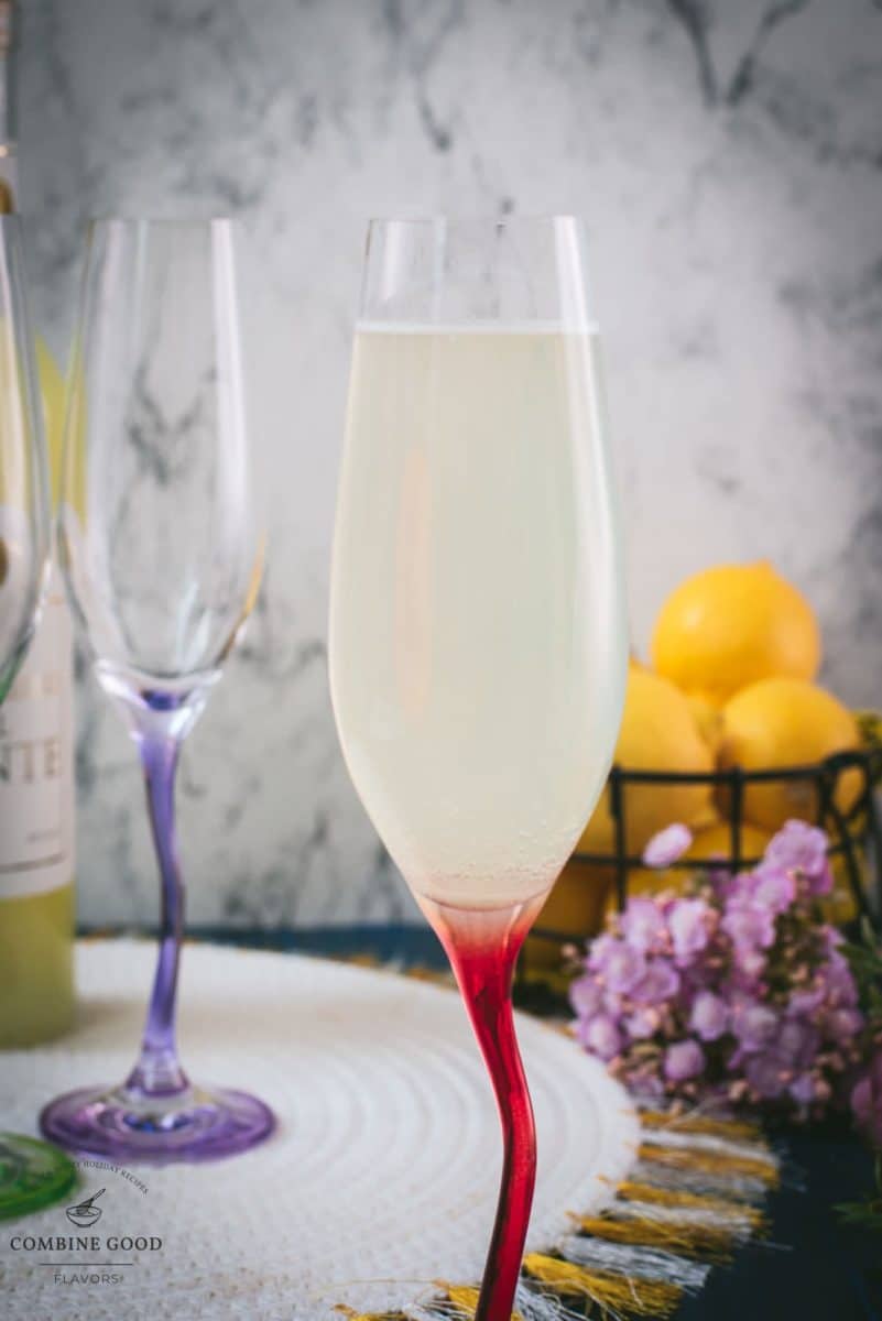 Gorgeous champagne glass filled with delicious sparkling limoncello.