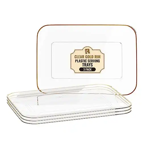 3 Pack Plastic Serving Trays for Party - Gold Serving Tray 8 by 11 Inch - Heavy Duty Dessert Trays for Food - Rectangular Party Serving Trays for Entertaining - Premium Party Trays - Clear Platters