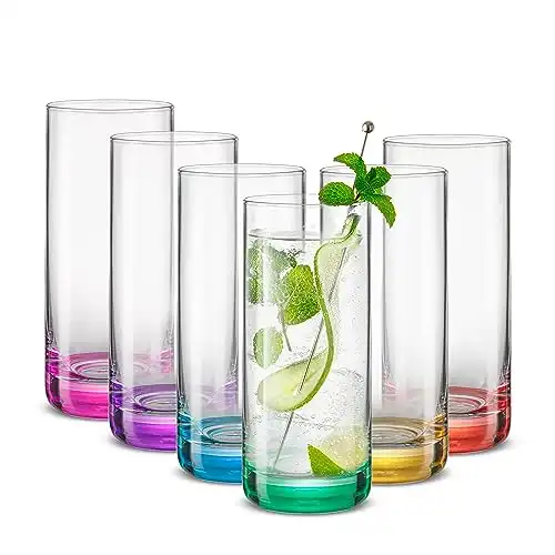 JoyJolt Hue Highball Glasses Set of 6 Tall Drinking Glasses. 13oz Cocktail Glasses, Bourbon Whiskey Glass Cups Set, Mojito Glass Tumbler, Tom Collins Glasses, Water Glasses. Glassware Sets