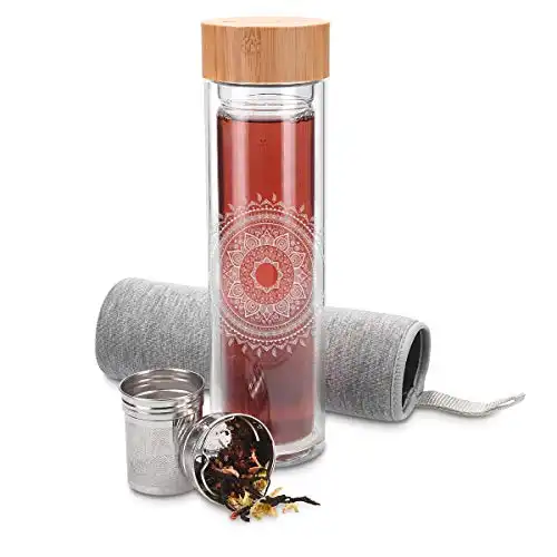 Navaris Glass Water Bottle with Tea Infuser - Double Walled Borosilicate Glass Travel Tumbler with Bamboo Lid and Non Slip Gray Neoprene Sleeve - 17oz