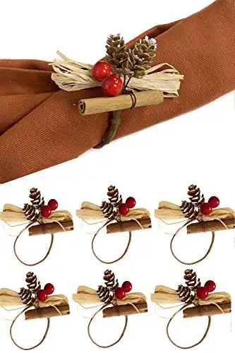 Angel Isabella Christmas Collection Napkin Rings - Cloth Napkin Holder for Table Setting - Boxed Cinnamon Wood Pine Cone Berry Raffia Napkin Ring Holder - Dining Table Accent (6-pk, Red Berry)