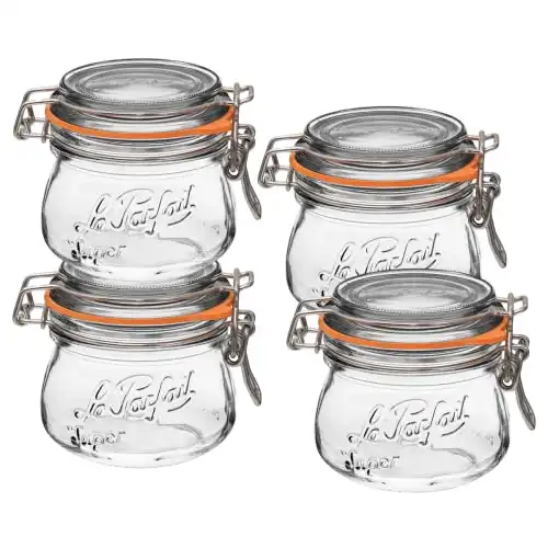 Le Parfait Super Jar - 250ml French Glass Canning Jar w/Round Body, Airtight Rubber Seal & Glass Lid (8oz/Half Pint, Pack of 4)