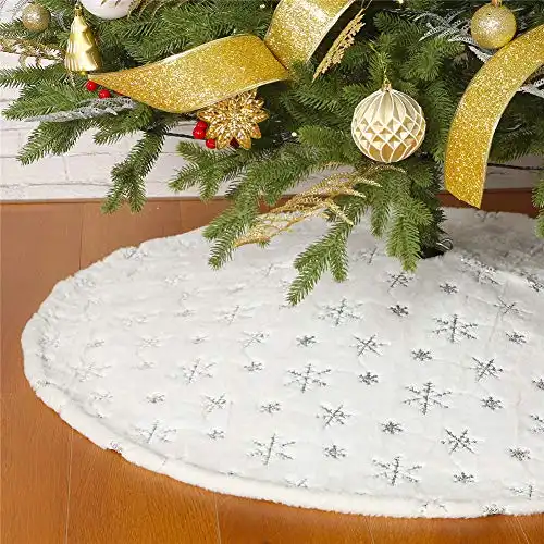 Christmas Sequin Tree Skirt 48in,White Soft Thick with Silver Snowflakes Decorations for 8FT 9FT Xmas Tree