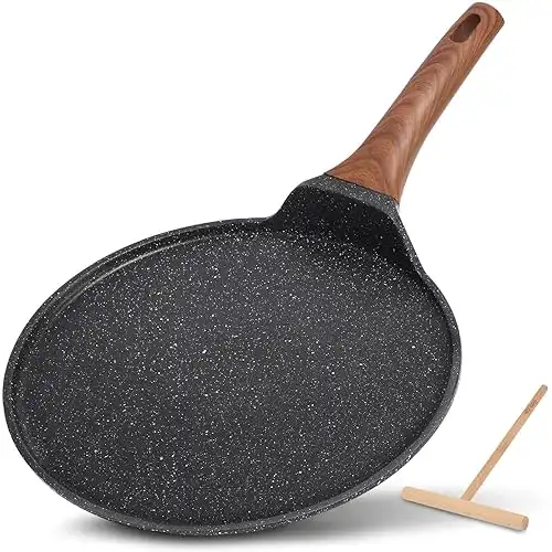 ESLITE LIFE 11 Inch Crepe Pan with Spreader, Nonstick Ceramic Flat Skillet Dosa Tawa Comales Para Tortillas Pancake Pan, PTFE & PFOA Free, Black