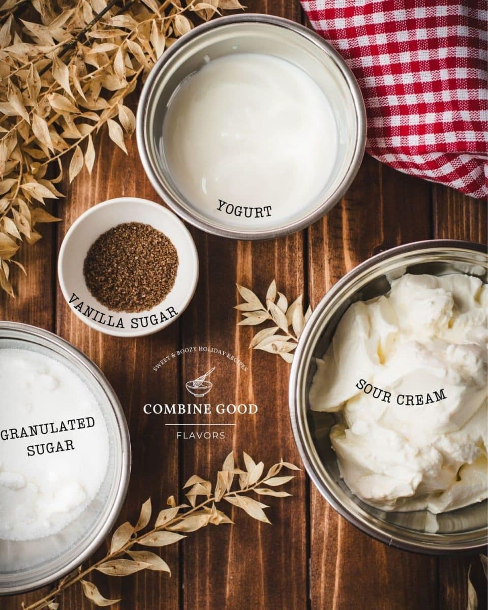 Ingredients for sour cream ice cream - sour cream, granulated sugar, vanilla sugar, yogurt.