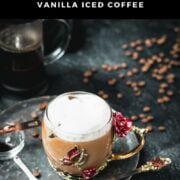 Delicious french press iced coffee served in gorgeous glass mug decorated with roses and butterflies.