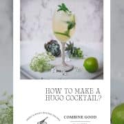 Stunning wine glass filled with Hugo spritz cocktail, placed on a white plate and garnished with mint leaves and lime slices.