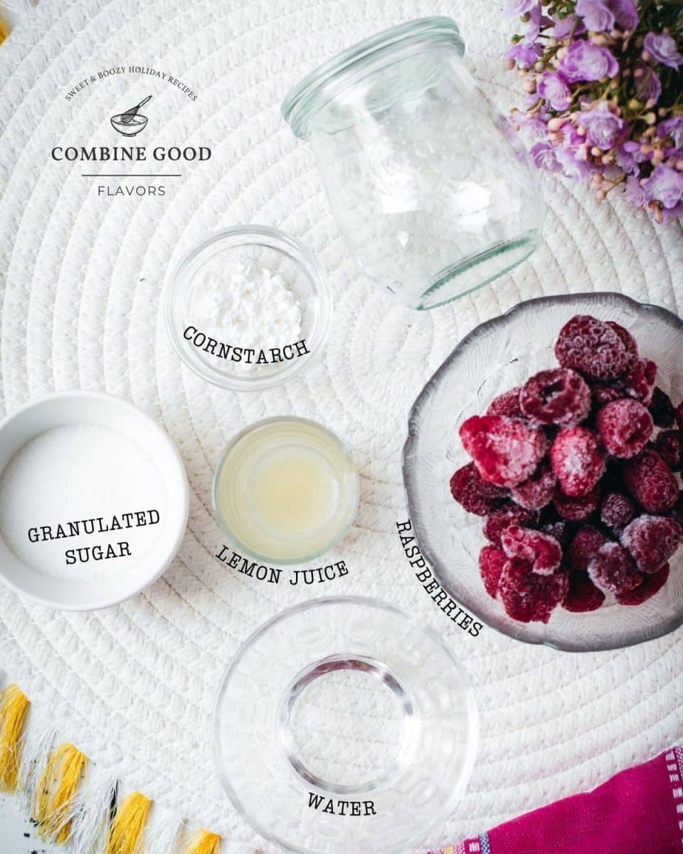 Ingredients for raspberry cheesecake topping - raspberries, cornstarch, granulated sugar, lemon juice, and water.