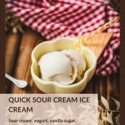 Delightful serving bowl filled with sour cream ice cream that looks like an ice cream cone with ice cream scoops. Placed on a brown wooden background.