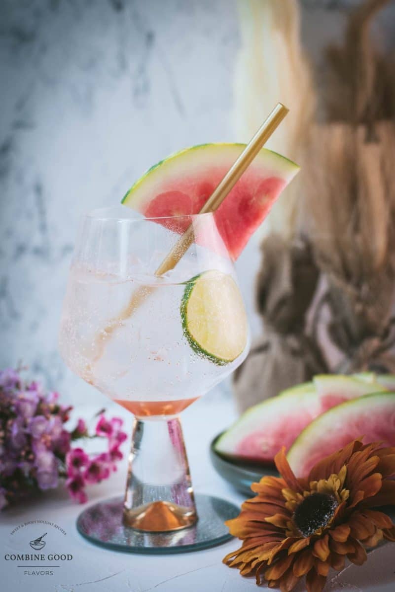 Beautiful balloon like glass filled with refreshing watermelon gin and tonic. Garnished with a reusable drinking straw, a big watermelon slice, and a lime slice.