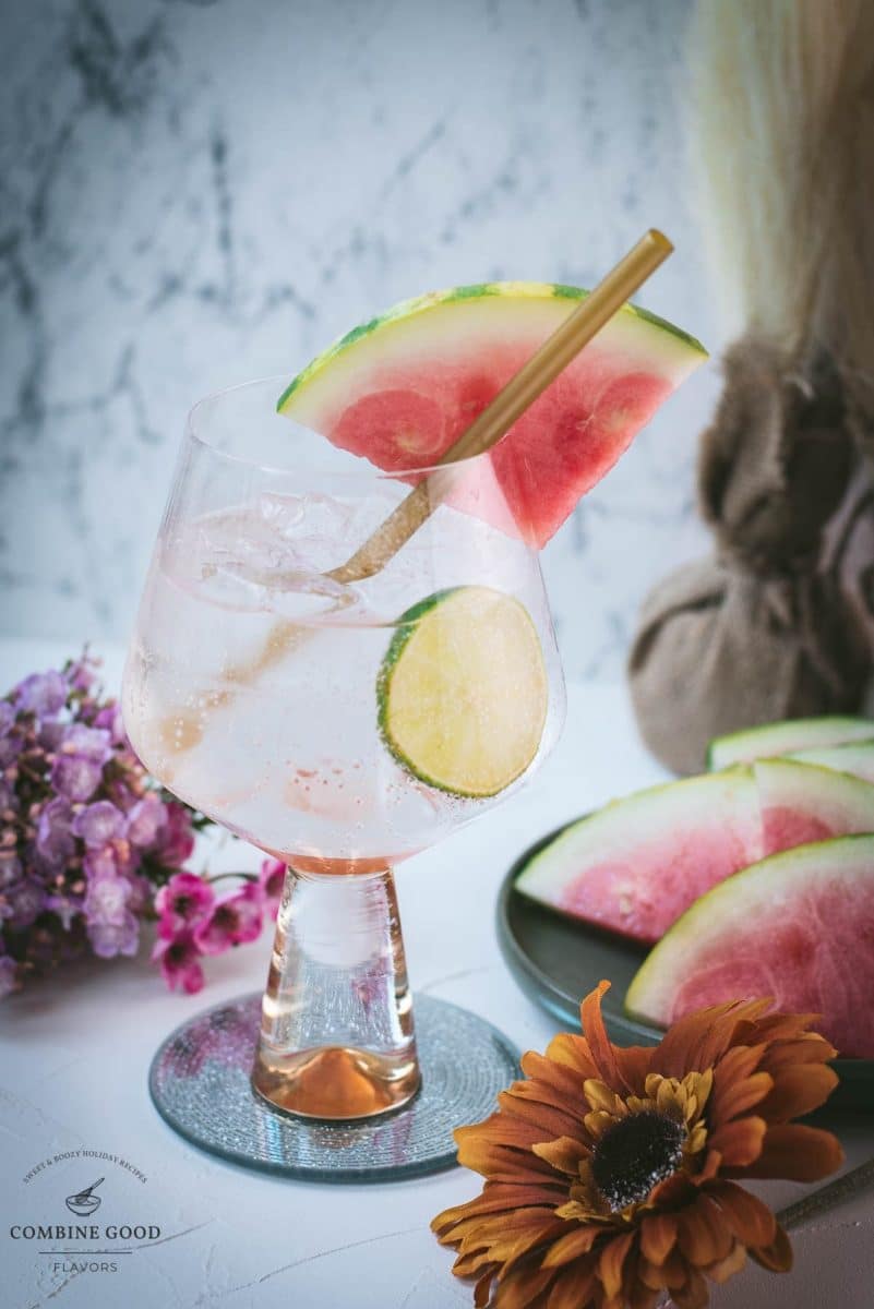 Beautiful balloon like glass filled with refreshing watermelon gin and tonic. Garnished with a reusable drinking straw, a big watermelon slice, and a lime slice.