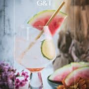 Beautiful balloon like glass filled with refreshing watermelon gin and tonic. Garnished with a reusable drinking straw, a big watermelon slice, and a lime slice.