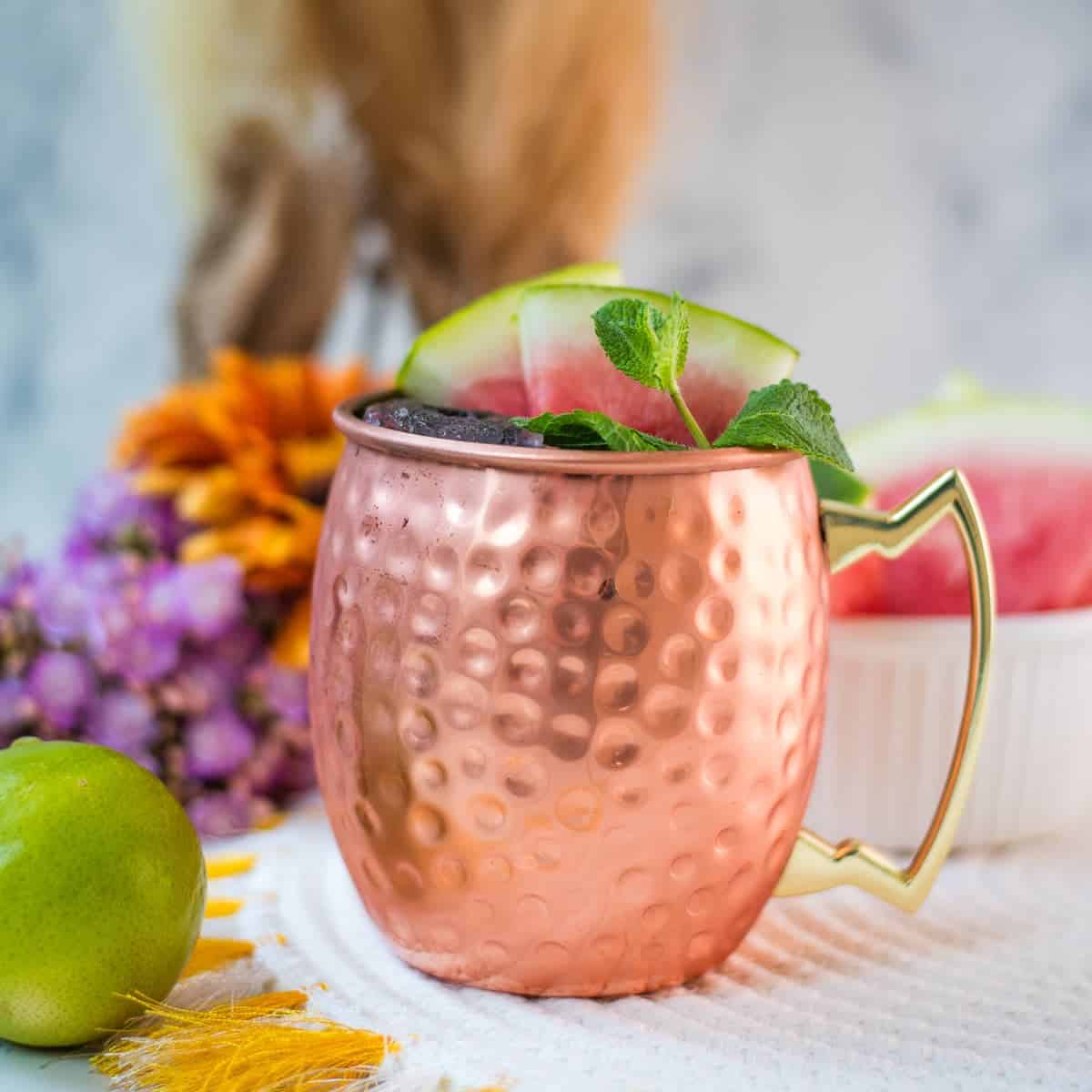 Gorgeous copper mug, filled with a delicious watermelon Moscow mule. Garnished with watermelon slices and mint leaves.