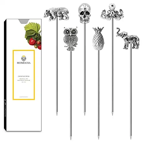 Homestia Cocktail Picks for Drinks, 4.7" Cocktail Toothpicks Metal Cocktail Garnish Skewer, 6Pcs Fancy Olive Martini Picks, Vintage Cocktail Pins Cocktail Accessories for Drinks