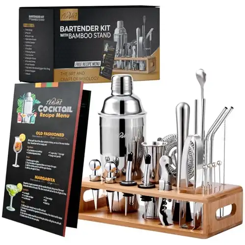 TEAVAS Mixology Bartender Kit with Japanese Jigger & Bamboo Stand - 25 Piece Stainless Steel Cocktail Making Set, Shaker, Strainer, Mixer, Spoon, Muddler, Barware Tools - Birthday Gifts & Anni...