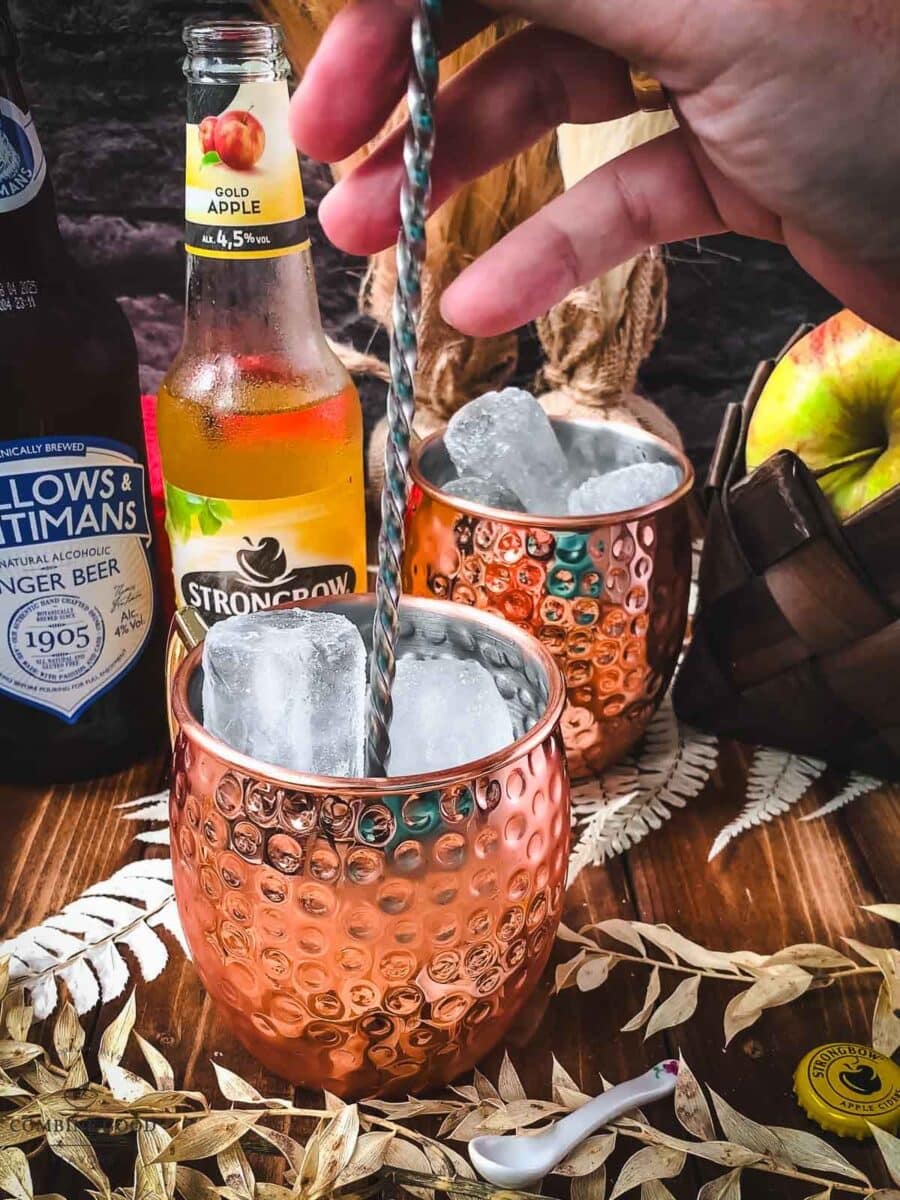 Stir your apple cider Moscow mule with a bar spoon.